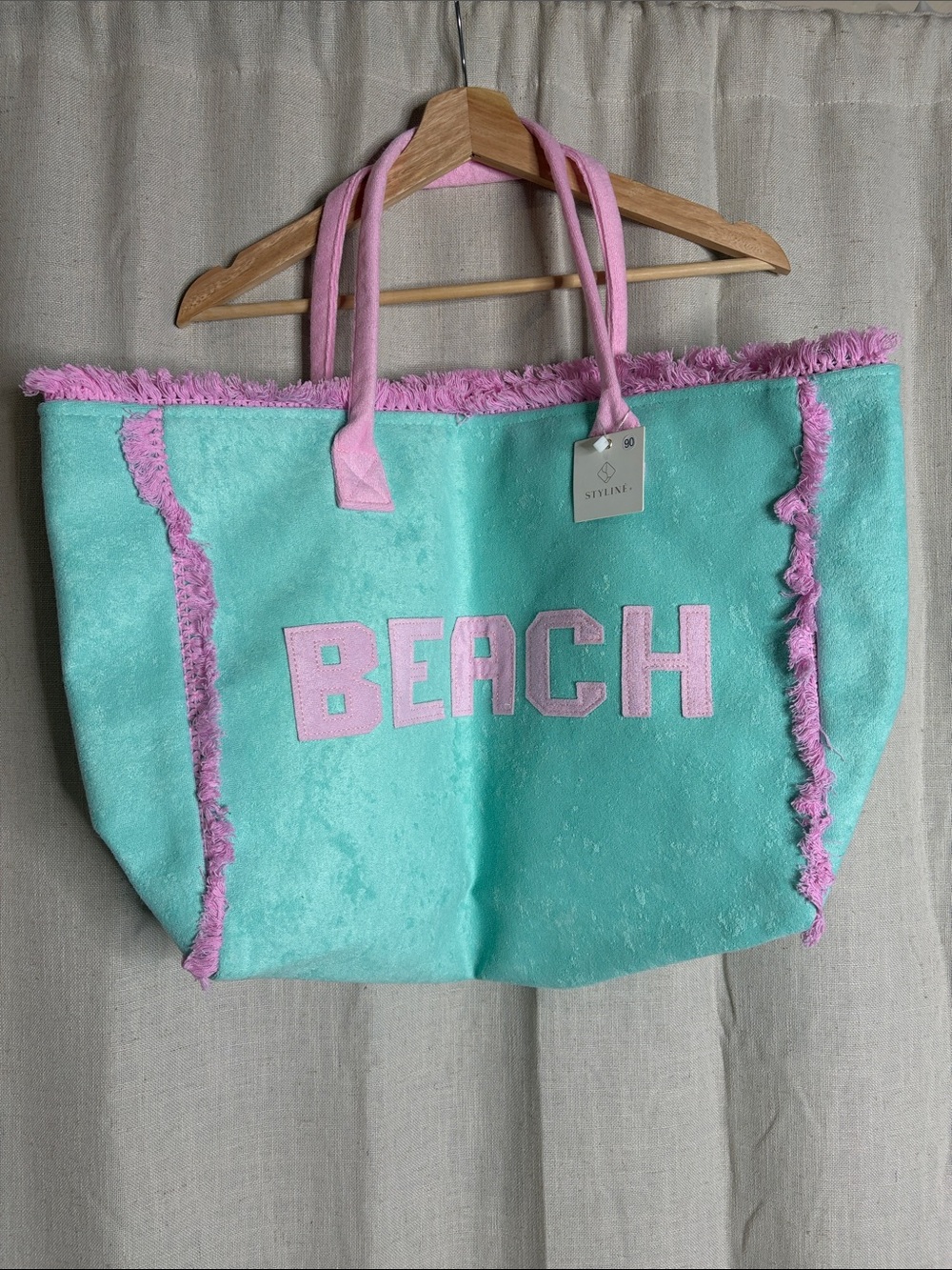 Beach Tote Bag in Aqua with Pink Trim by